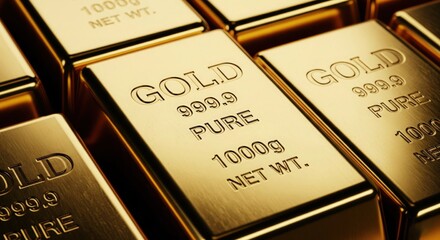 Luxury Display of Stacked Gold Bars with Engraved Text GOLD 999.9 PURE 1000g NET WT