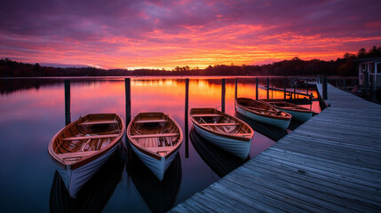 Fototapeta premium Four boats are docked at a pier