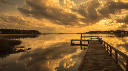 Fototapeta premium A dock is on the water with a pier