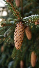 Close-up of a Pine Cone Hanging from a Fir Branch spruce