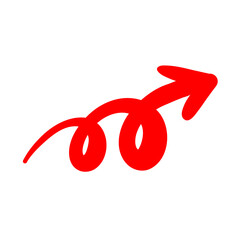 手描きのスムーズな赤いペンのくるくる矢印。螺旋。抑揚のあるダイナミックなシルエット。ベクター。背景透過。右回り。