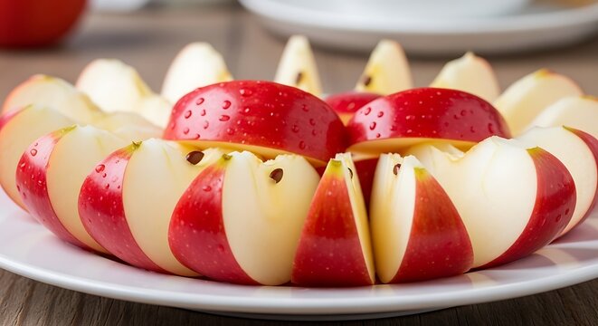 Fresh Red Apple Slices Artfully Arranged on a White Plate.