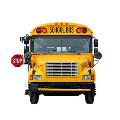 Front view of a yellow school bus with a stop sign isolated on transparent background