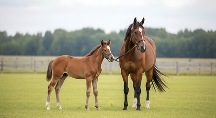 Obraz premium Majestic Mare and Adorable Foal in a Grassy Field.