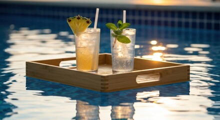 Two refreshing beverages float on a wooden tray in a swimming pool during sunset