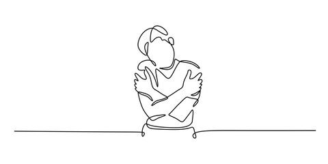 Continuous single line drawing of a man hug himself