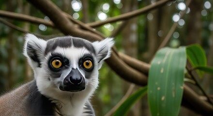 Obraz premium Ring-tailed Lemur Close-up Portrait in Madagascar Rainforest
