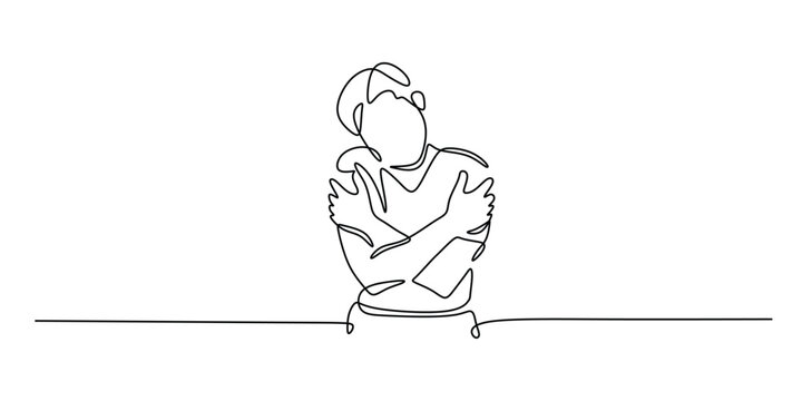 Continuous single line drawing of a man hug himself