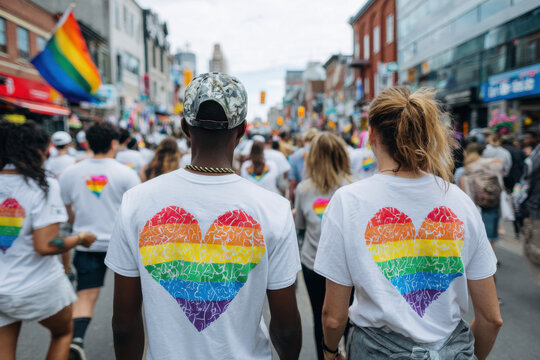 Group of straight allies wearing supportive LGBTQ+ shirts, marching with queer friends at pride, symbol of inclusion and solidarity