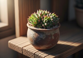 Succulent in Terracotta Pot on Wooden Shelf