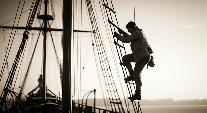Pirate Climbing Ships Mast Silhouette. - Powered by Adobe