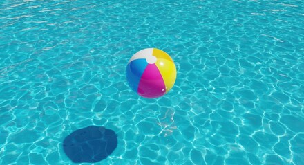 A Colorful Beach Ball Floats Serene on the Bright Blue Surface of a Sparkling Swimming Pool on a Sunny Day