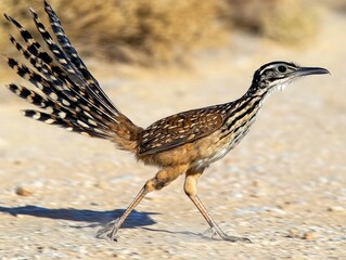 A roadrunner mid-stride, tail feathers raised high as it speeds across the sand