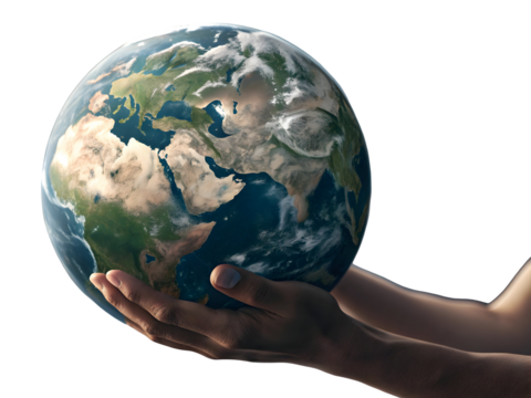 Detailed 3 D Realistic Render of Hands Gently Holding a Detailed Earth Globe Showing Europe Africa Asia and Parts of the Atlantic Ocean Against a Black Background - Powered by Adobe