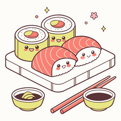 Cute sushi rolls and nigiri with chopsticks