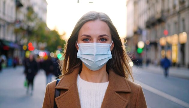 Young woman in brown coat wearing a face mask on a city street