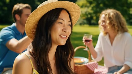 Joyful Woman Enjoying Picnic with Friends in Sunlit Park - A woman wearing a straw hat radiates happiness as she smiles broadly during a picnic in a sun-drenched park.