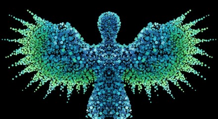 An abstract figure with wings is formed from blue and green dots, creating a mesmerizing and artistic design against a black background