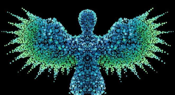 An abstract figure with wings is formed from blue and green dots, creating a mesmerizing and artistic design against a black background