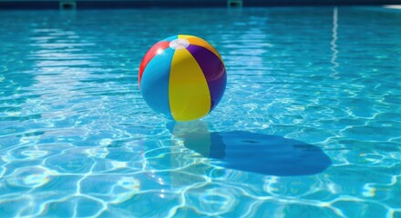 A Colorful Beach Ball Floating Gently on the Rippling Surface of a Sunlit Swimming Pool Creating a Soft Shadow Below