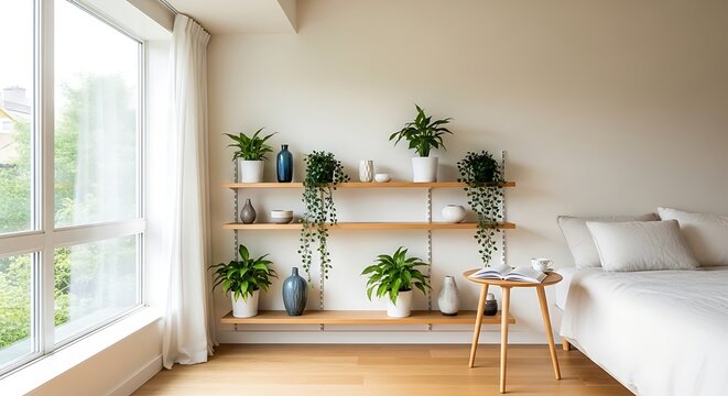 Fototapeta Modern Bedroom with Plants and Wooden Shelves.