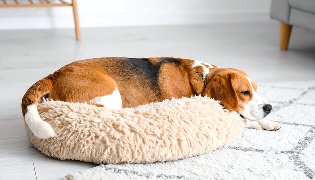 Beagle dog sleeping on pet bed, indoors