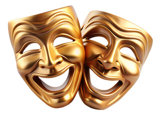 Golden Comedy and Tragedy Theater Masks drama isolated on a transparent background
