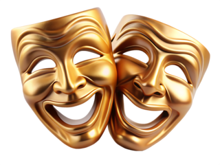 Golden Comedy and Tragedy Theater Masks drama isolated on a transparent background