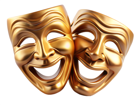 Golden Comedy and Tragedy Theater Masks drama isolated on a transparent background