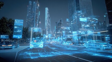 Futuristic Urban Landscape with Autonomous Vehicles and Digital Overlay, Representing Smart City Technology