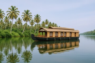 Obraz premium Houseboat cruising along the serene backwaters of Kerala, India, surrounded by lush palm trees reflecting in water