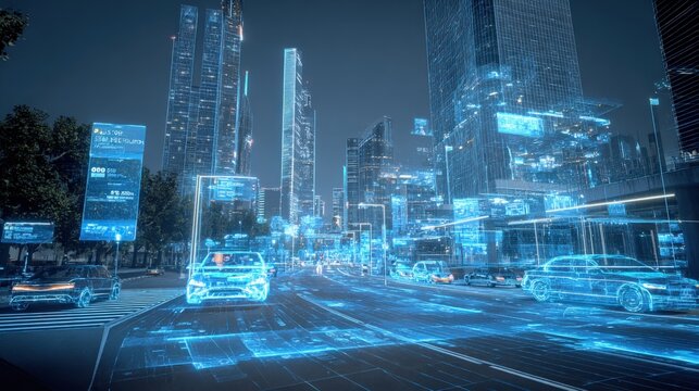 Futuristic Urban Landscape with Autonomous Vehicles and Digital Overlay, Representing Smart City Technology