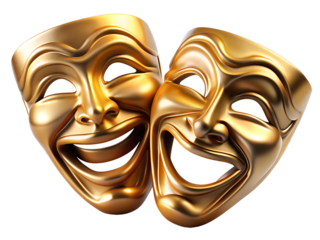 Golden Comedy and Tragedy Theater Masks on Background drama isolated on a transparent background