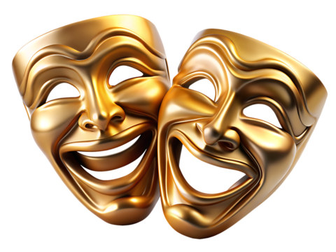 Golden Comedy and Tragedy Theater Masks on Background drama isolated on a transparent background