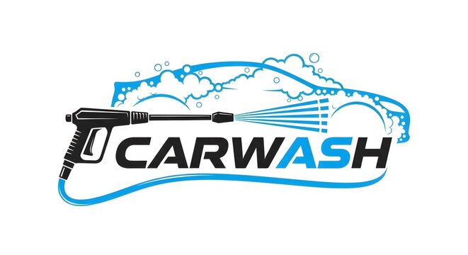 Modern car wash logo design featuring a pressure washer spraying a car outline