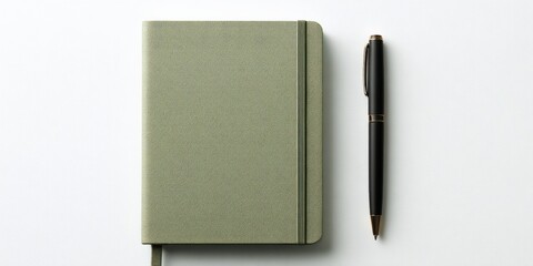 Olive green notebook with elastic closure alongside a sleek black pen on a white surface