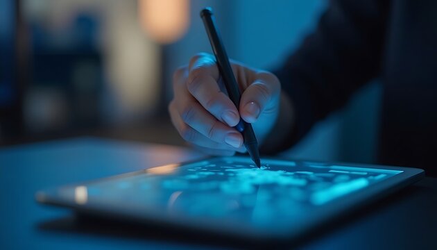 Hand Using Black Stylus on Glowing Blue Tablet Display for Digital Art - Powered by Adobe