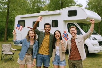 Diverse Friends Celebrating Summer Vacation with RV Trip and Flags in a Picturesque Outdoor Setting