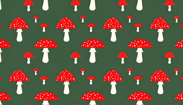 A repeated pattern of red toadstools with white stems against a deep forest green background.