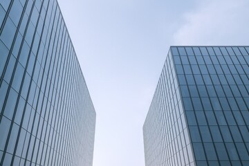 Fototapeta premium Modern Glass Skyscrapers Reaching Towards a Pale Blue Sky, Representing Corporate Growth and Architectural Innovation