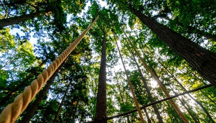 Fototapeta premium Multiple climbing ropes ascend tall trees in a dense forest canopy, reaching towards the bright sky.