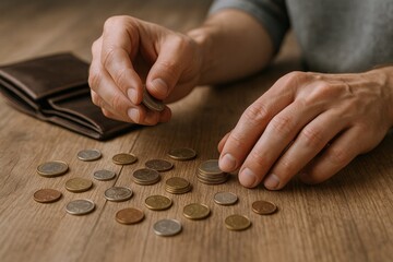 Person Counting Coins on a Wooden Table with a Wallet, Representing Savings and Financial Planning