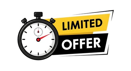 Stopwatch indicating a limited time offer with a yellow and black banner