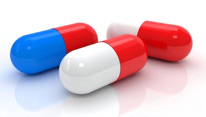Three glossy, vibrant red and blue capsules rest on a bright white surface, reflecting the light.