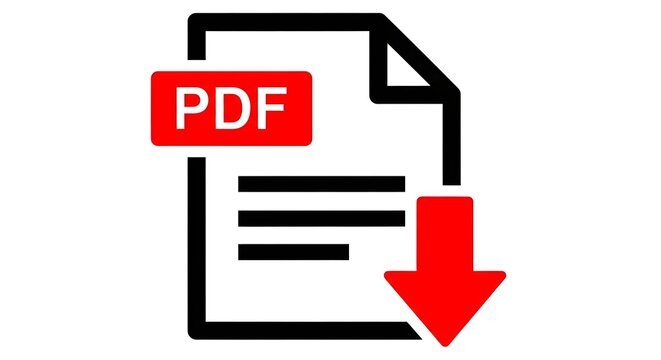 Icon representing a pdf document with a red download arrow signifying data transfer or file saving