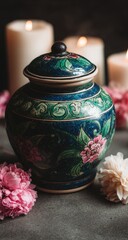 Ornate ceramic jar with floral designs.