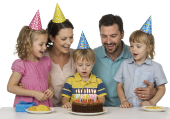 Happy Birthday Celebration Family blowing out candles on a birthday cake with party hats