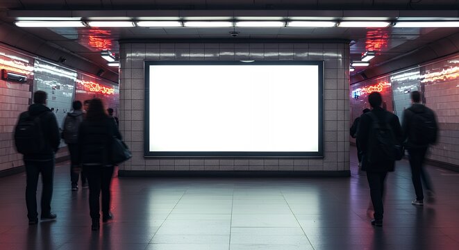 Blank advertising billboard on the wall of a busy underground train station, template mockup