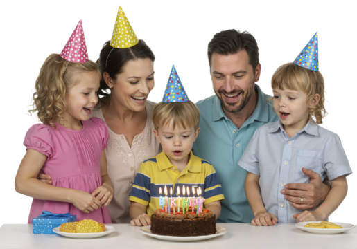 Happy Birthday Celebration Family blowing out candles on a birthday cake with party hats