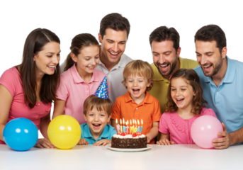 A joyful family gathers around a birthday cake, celebrating a child's special day with laughter and bright smiles, creating cherished memories